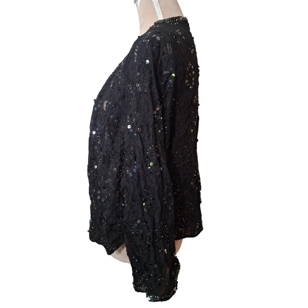 Vintage Black Floral Lace Sequin Open Front Shrug Cardigan Jacket Womens 18